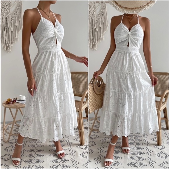 Boho White Floral Eyelet Halter Maxi Dress - Picture 6 of 8